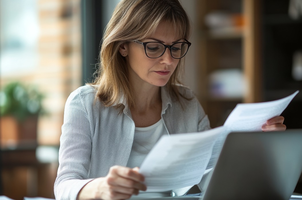 Eine engagierte 40-jährige Geschäftsfrau, die in einer Büroumgebung Finanzberichte und Steuerrechnungen analysiert.